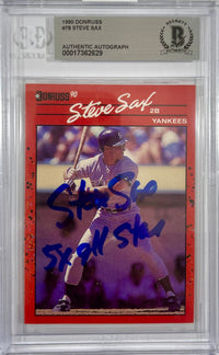 Steve Sax auto inscribed card 1989 Leaf #78 MLB New York Yankees BAS Encap