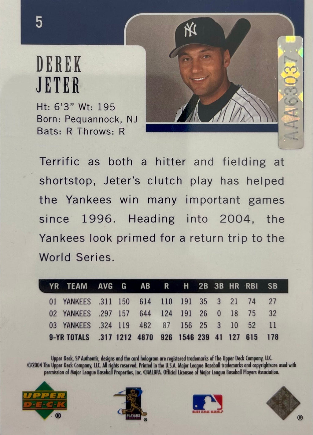 Derek Jeter autographed signed card 2004 Upper Deck #5 MLB New York Yankees