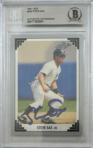 Steve Sax auto signed card 1991 Leaf #220 MLB New York Yankees BAS Encap