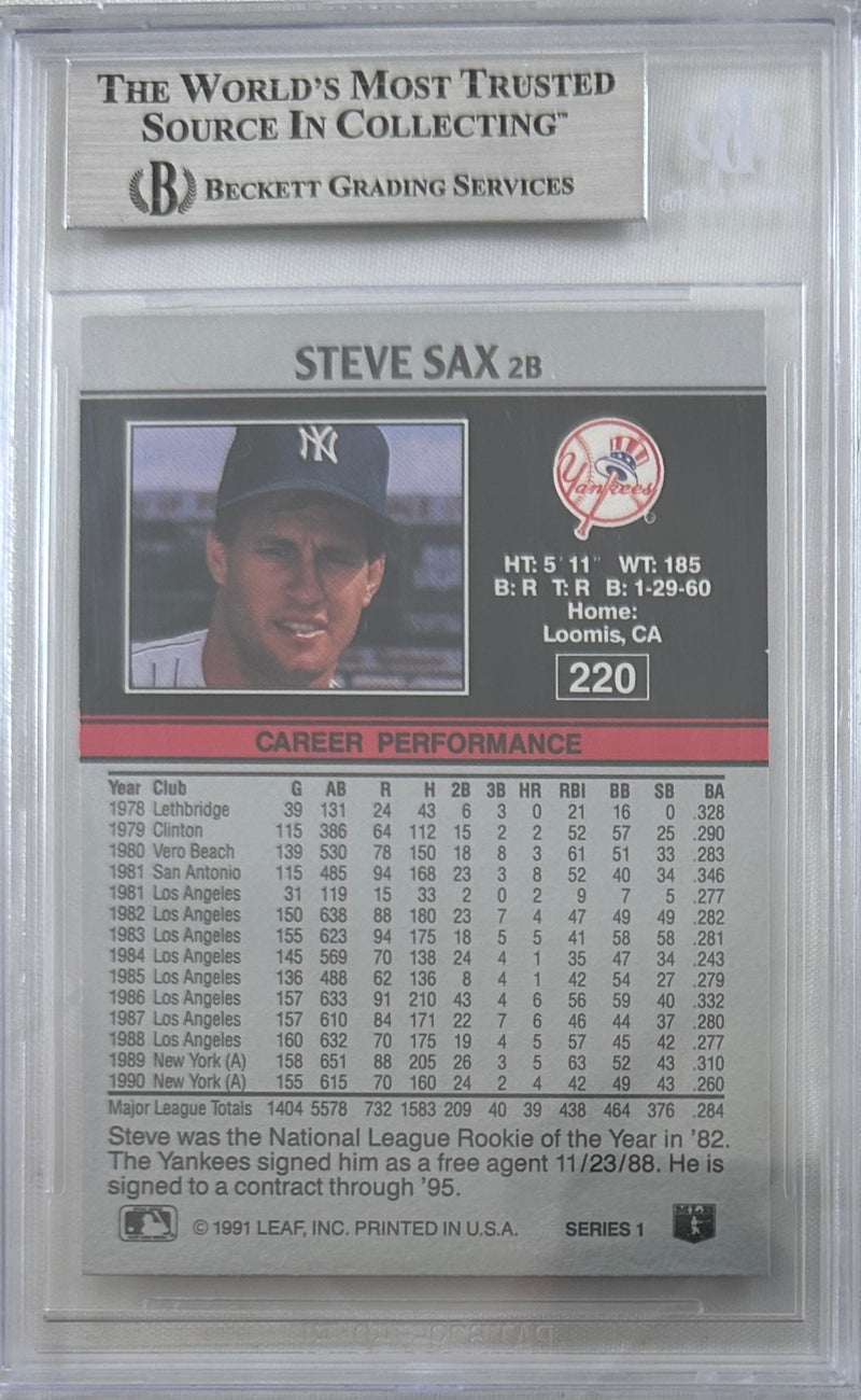 Steve Sax auto signed card 1991 Leaf #220 MLB New York Yankees BAS Encap