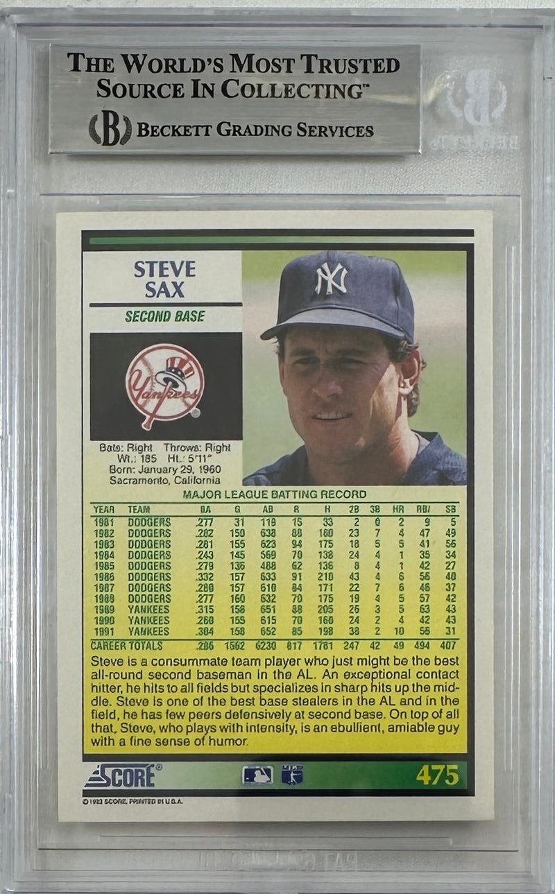 Steve Sax auto signed card 1993 Score #475 MLB New York Yankees BAS Encap