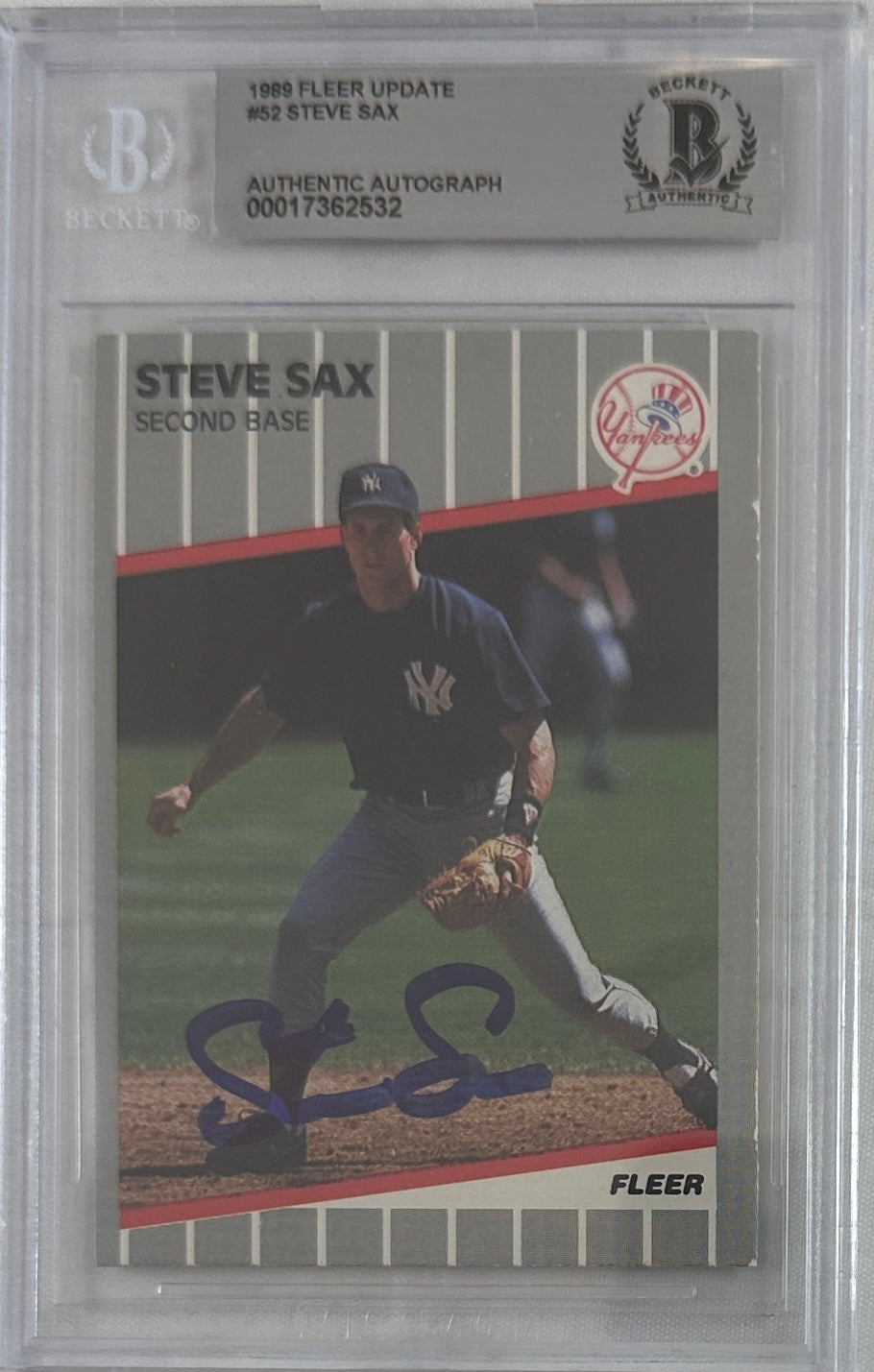 Steve Sax auto signed card 1989 Fleer MLB New York Yankees BAS Encap