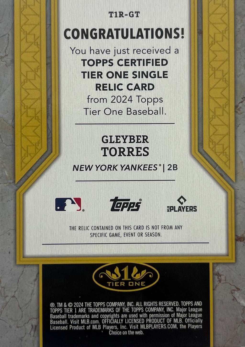 Gleyber Torres card 2024 Topps 22/199 MLB New York Yankees Game Used Patch