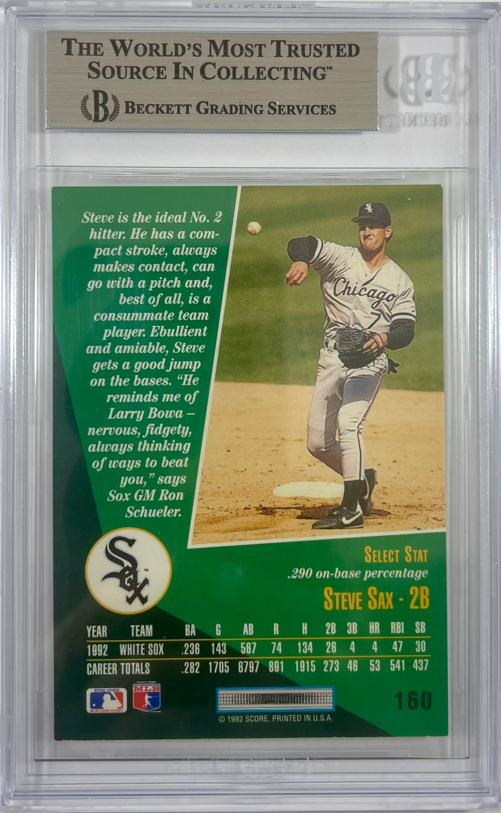 Steve Sax auto signed card 1992 Score #160 MLB Chicago White Sox BAS Encap