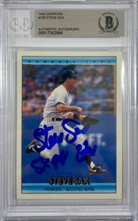 Steve Sax auto inscribed card 1991 Leaf #729 MLB New York Yankees BAS Encap