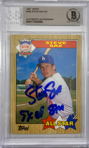 Steve Sax auto inscribed card 1987 Topps #596 MLB New York Yankees BAS Encap