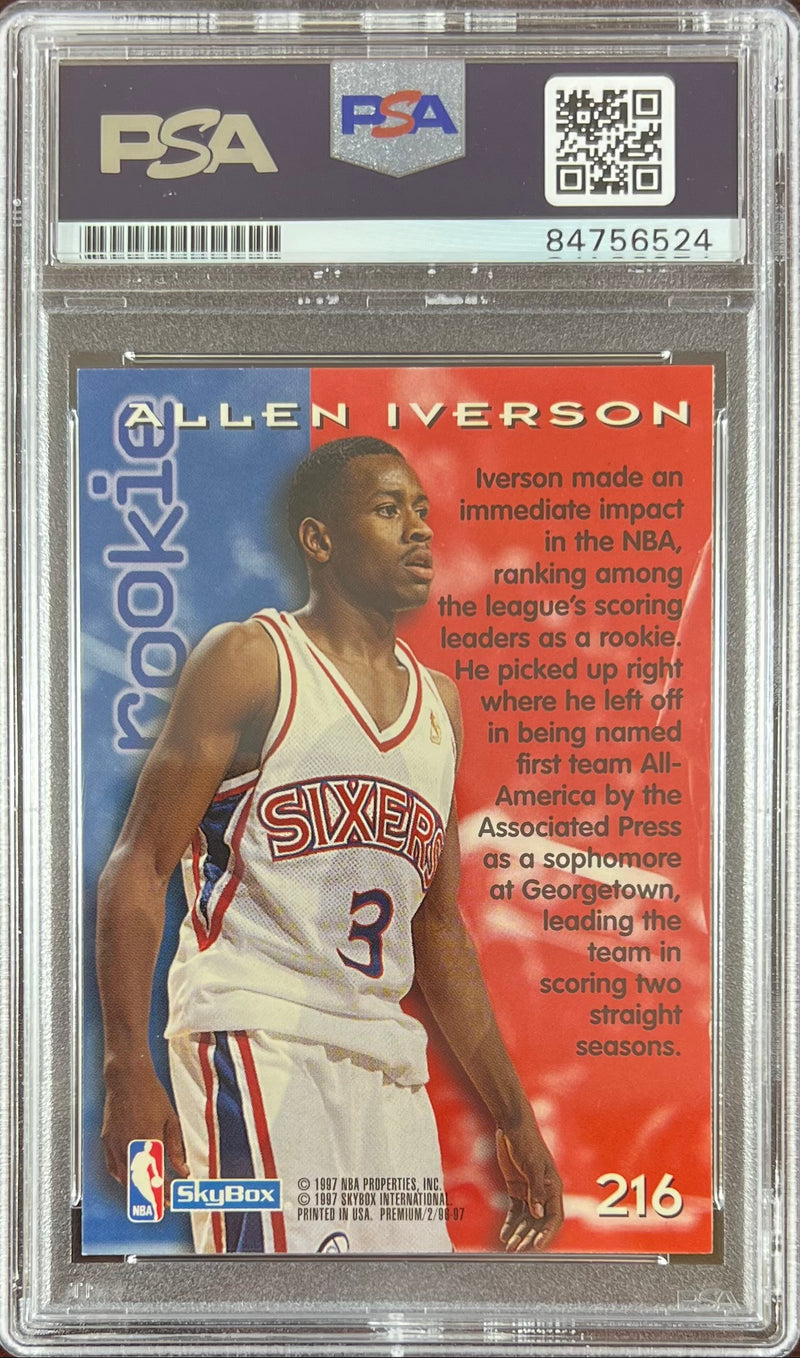 Allen Iverson auto RC 1997 SkyBox Premium #216 Philadelphia 76ers PSA Encap