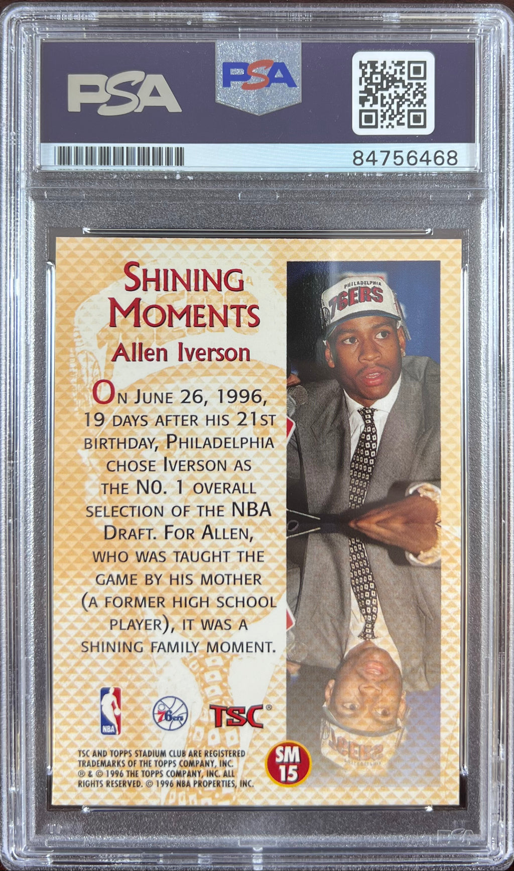 Allen Iverson auto signed RC 1996 Topps Stadium Club #SM15 76ers PSA Encap