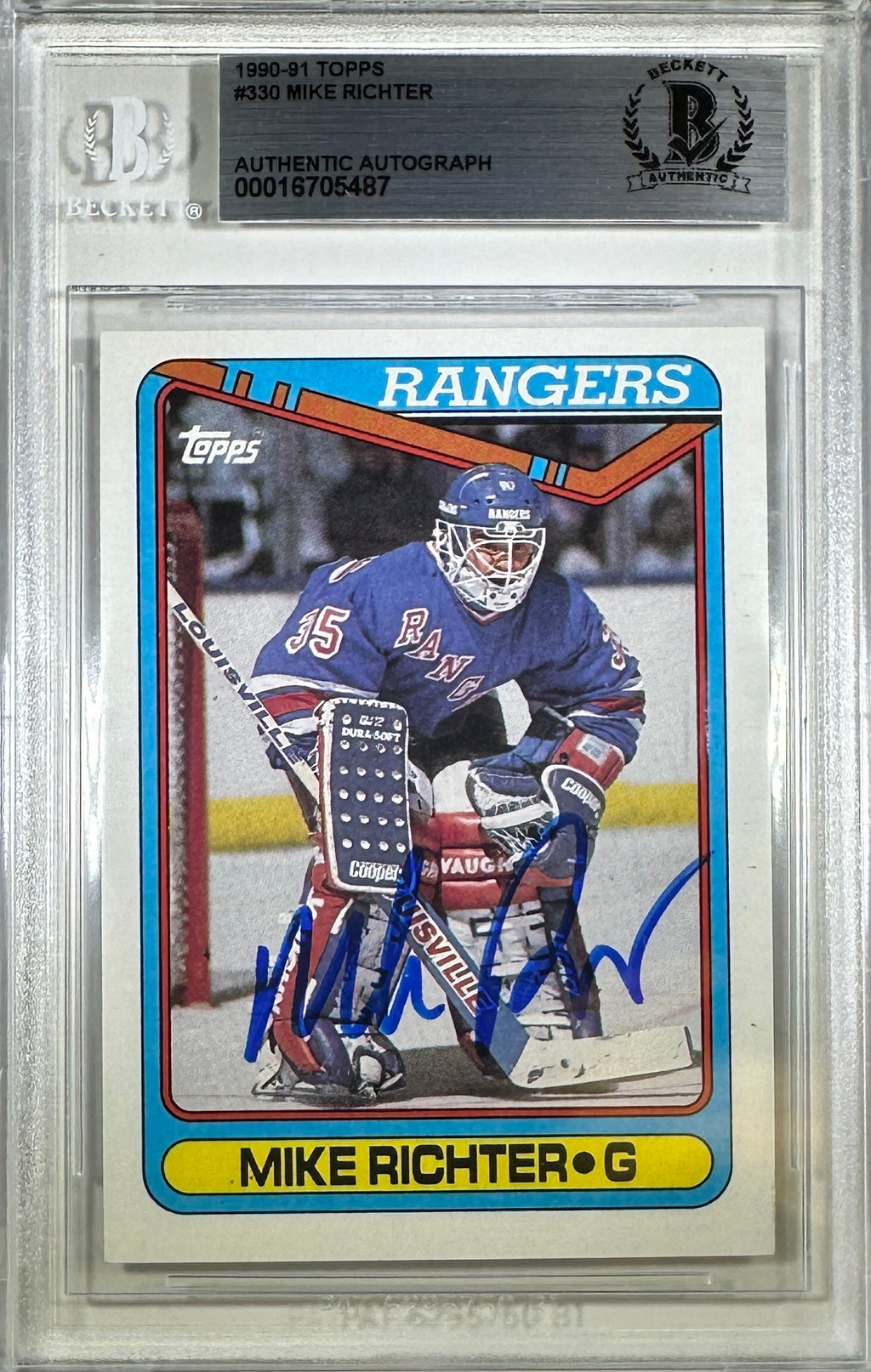 Mike Richter auto rookie card 1990 Topps #330 New York Rangers BAS Encapsulated