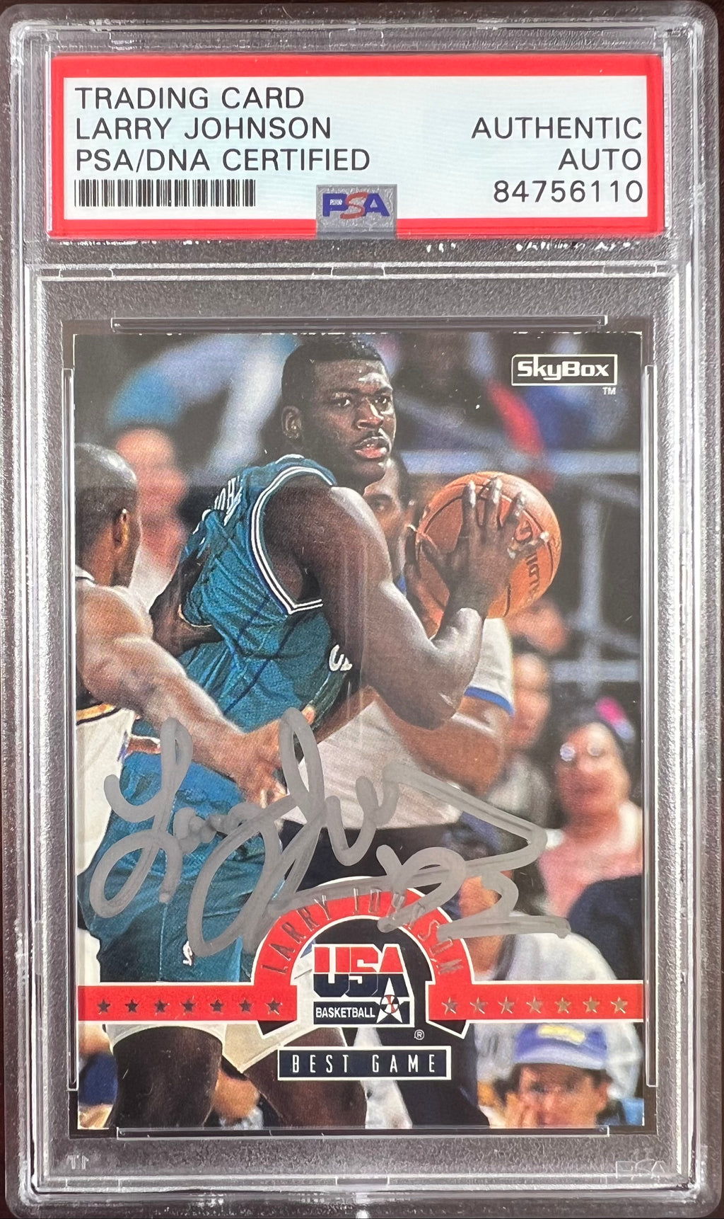 Larry Johnson auto signed 1994 SkyBox #9 card Charlotte Hornets PSA Encapsulated