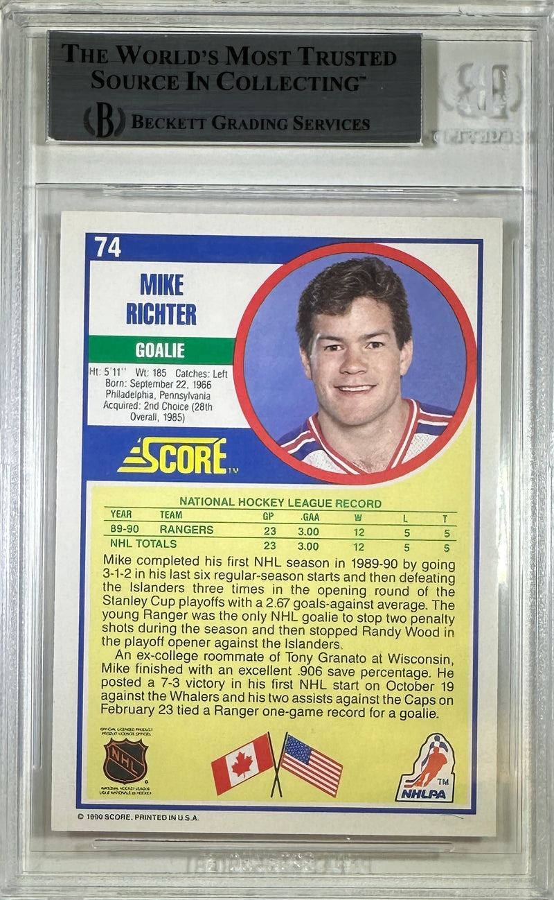 Mike Richter auto rookie card 1990 Score #74 New York Rangers BAS Encapsulated