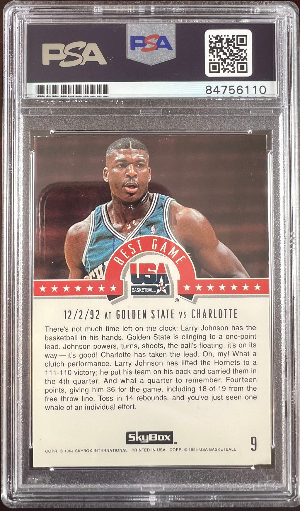 Larry Johnson auto signed 1994 SkyBox #9 card Charlotte Hornets PSA Encapsulated