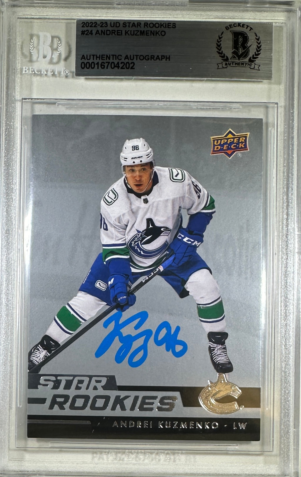 Andrei Kuzmenko auto card 2023 Upper Deck #24 Vancouver Canucks BAS rookie Encap