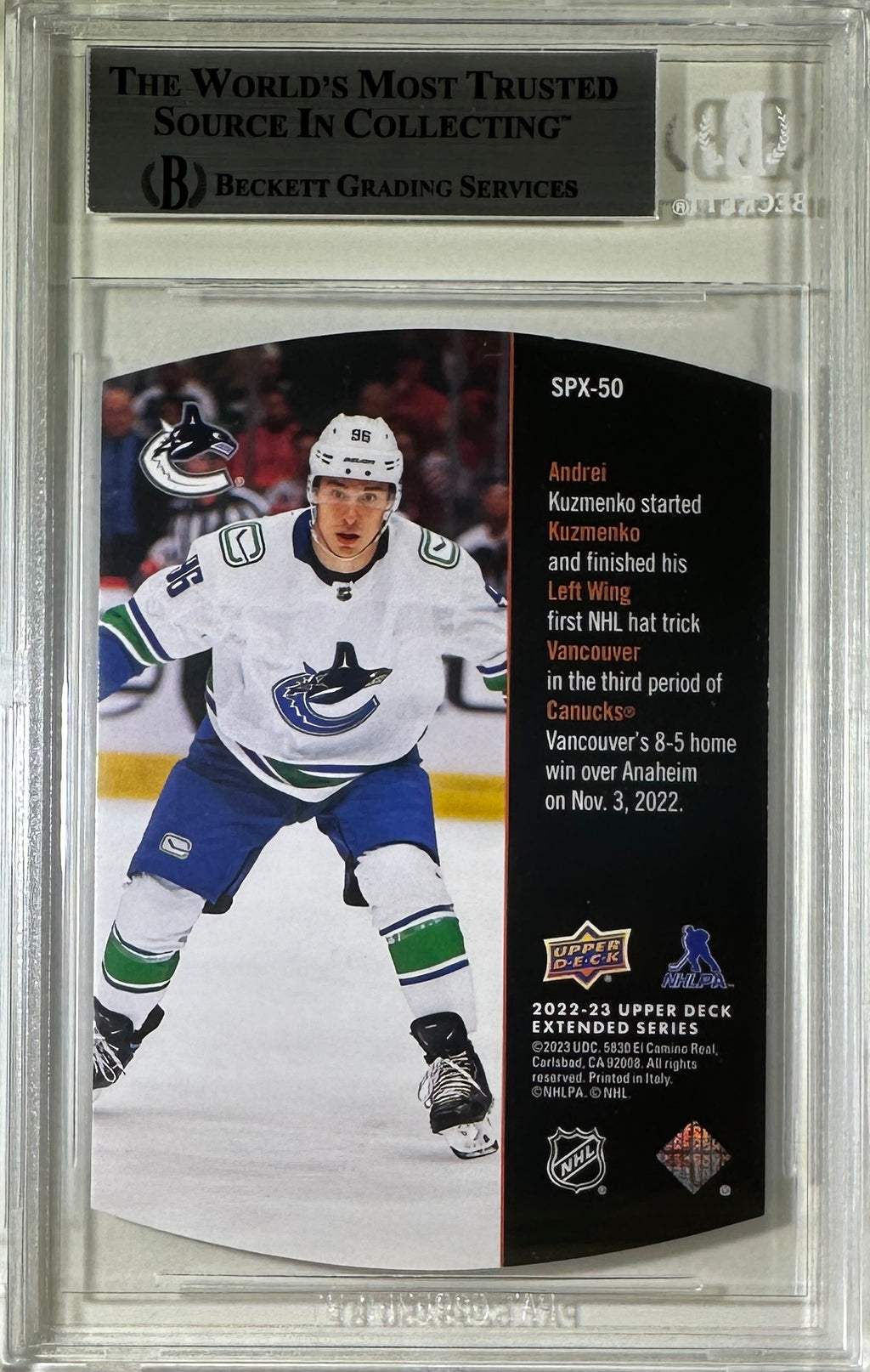 Andrei Kuzmenko auto card 2023 Upper Deck Vancouver Canucks BAS rookie SPX Encap