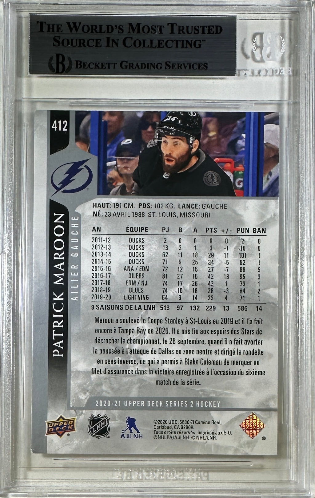 Patrick Maroon auto card 2020 Upper Deck #412 Tampa Bay Lightning NHL BAS Encap