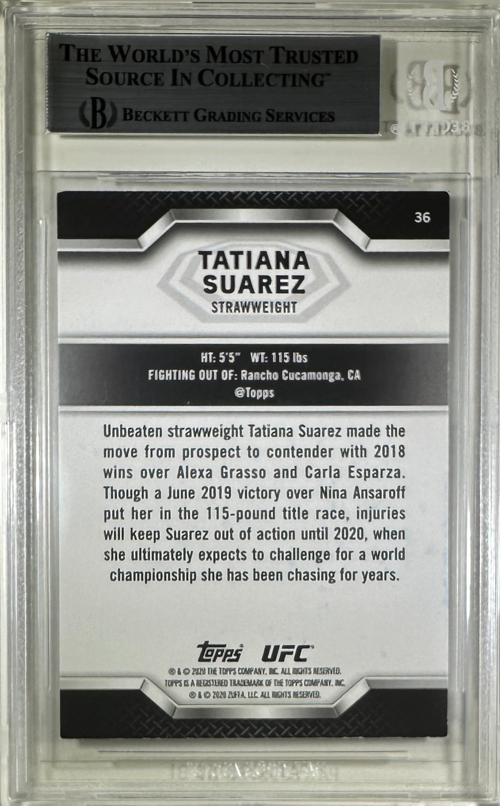 Tatiana Suarez auto card 2020 Topps #36 UFC BAS Encapsulated