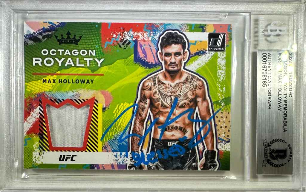 Max Holloway auto inscribed 2022 Panini Donruss card UFC BAS Encap Fighter Worn