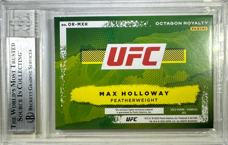 Max Holloway auto inscribed 2022 Panini Donruss card UFC BAS Encap Fighter Worn