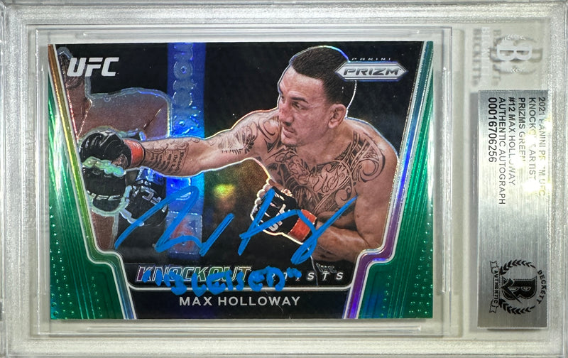 Max Holloway auto inscribed 2021 Panini Prizm card #12 UFC BAS Encapsulated