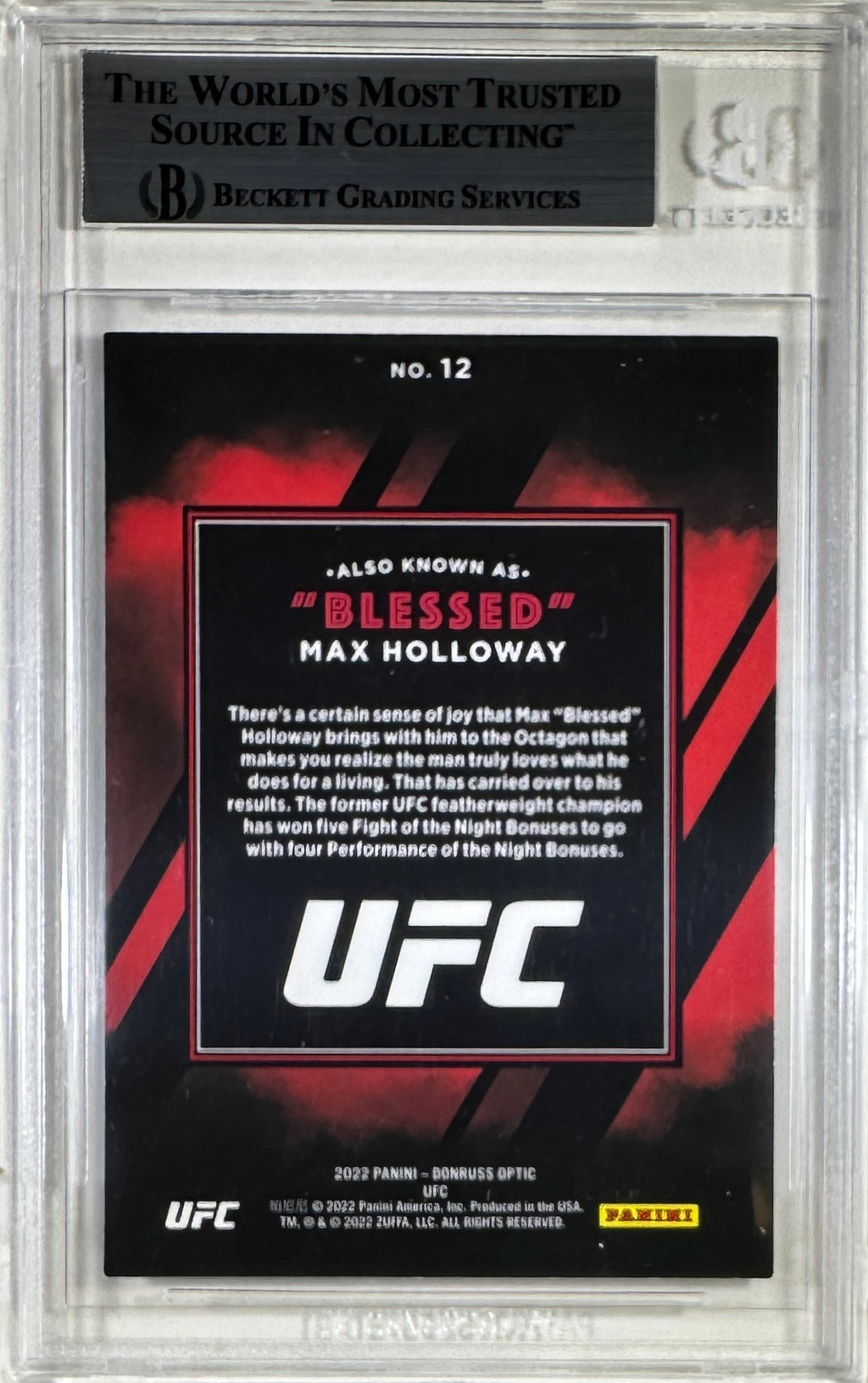 Max Holloway auto inscribed 2022 Donruss Optic card #12 UFC BAS Encapsulated