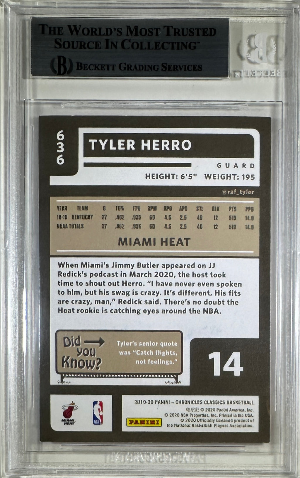 Tyler Herro auto card 2019-20 Panini Classics RC #636 NBA Miami Heat BAS Encap