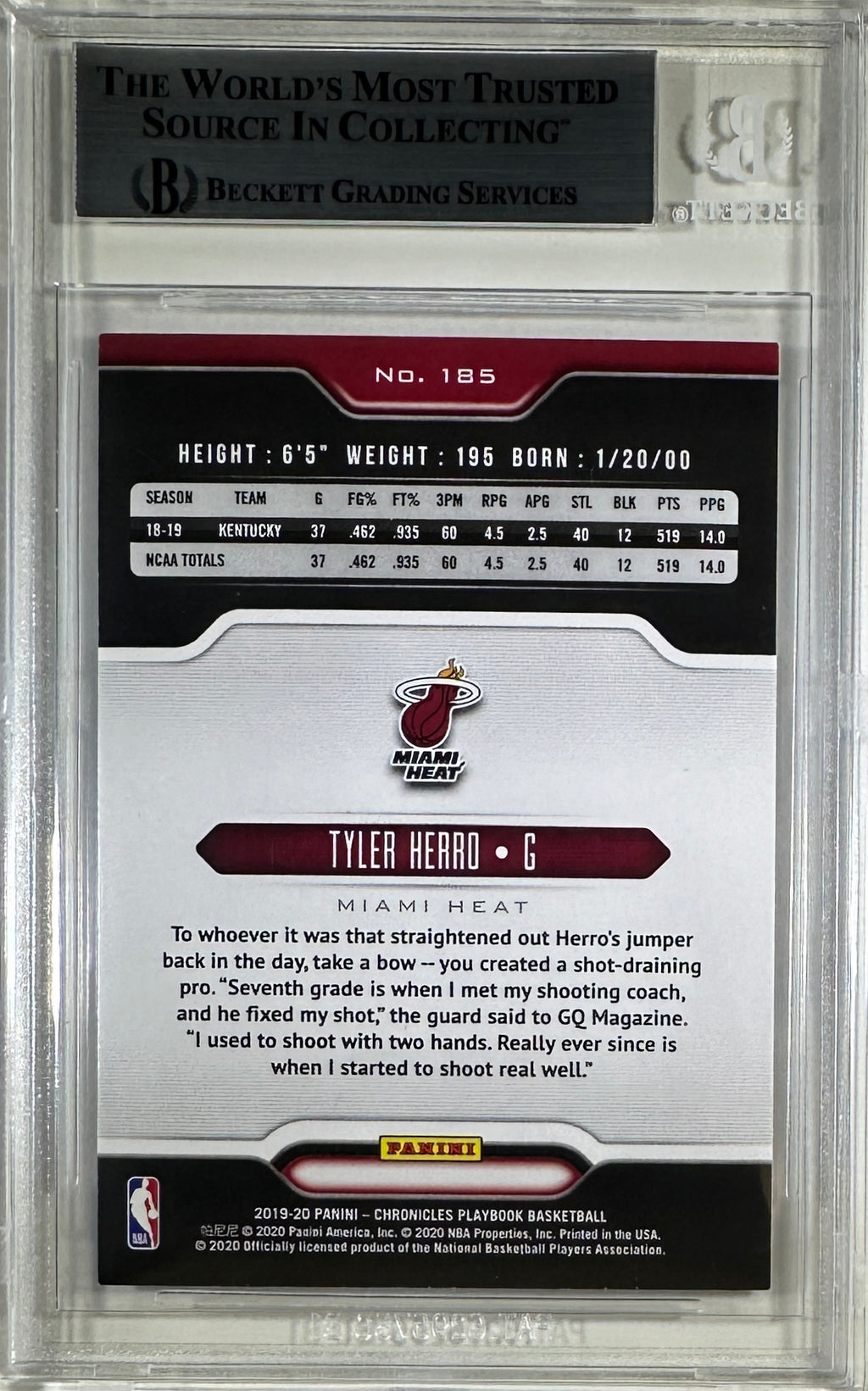 Tyler Herro auto card 2019-20 Panini Playbook RC #185 NBA Miami Heat BAS Encap