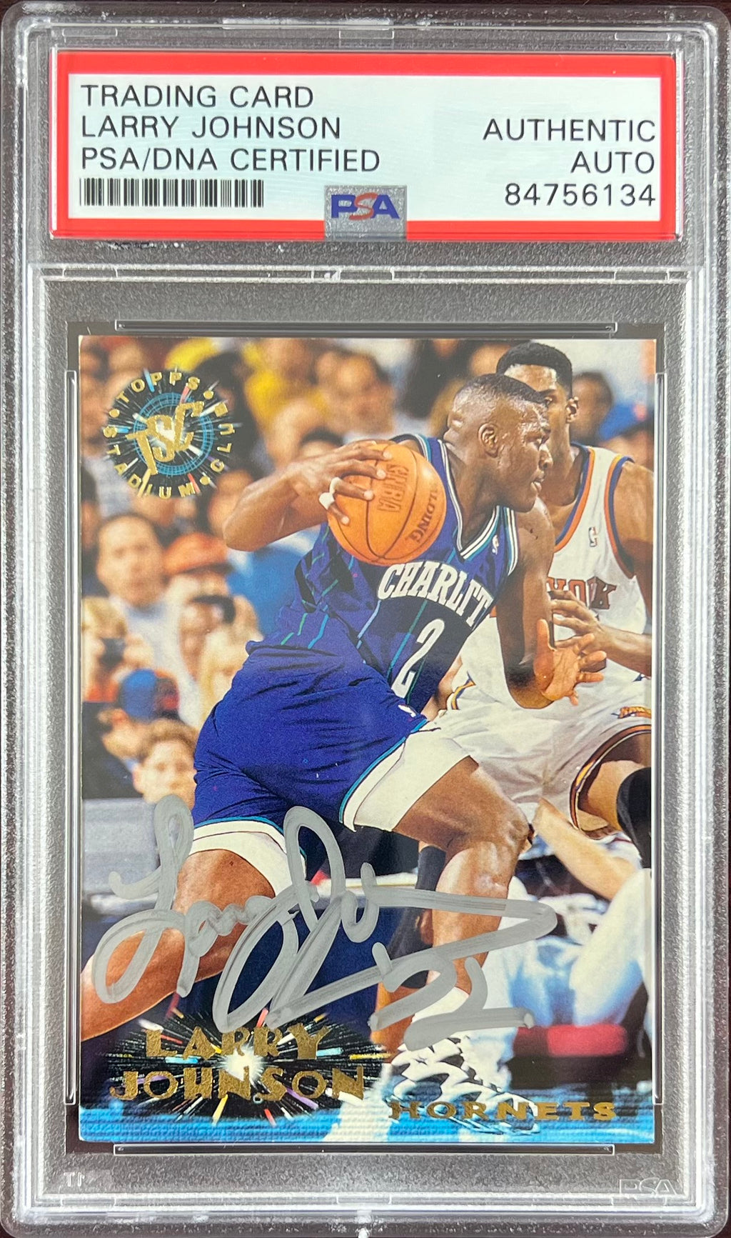 Larry Johnson auto 1996 Topps #283 card Charlotte Hornets PSA Encapsulated