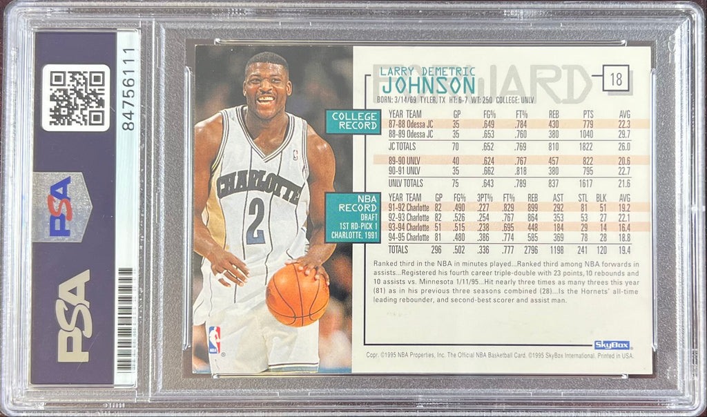 Larry Johnson auto 1995 NBA Hoops #18 card Charlotte Hornets PSA Encapsulated