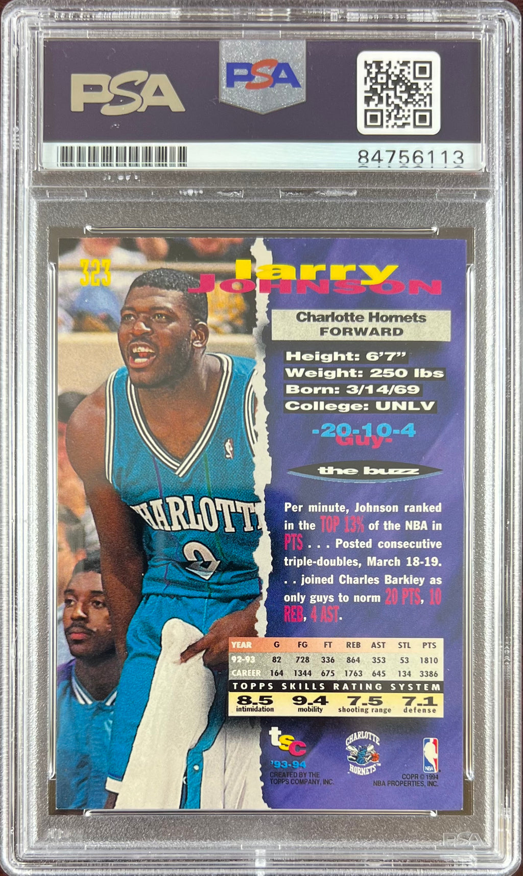 Larry Johnson auto 1993 Topps #323 card Charlotte Hornets PSA Encapsulated