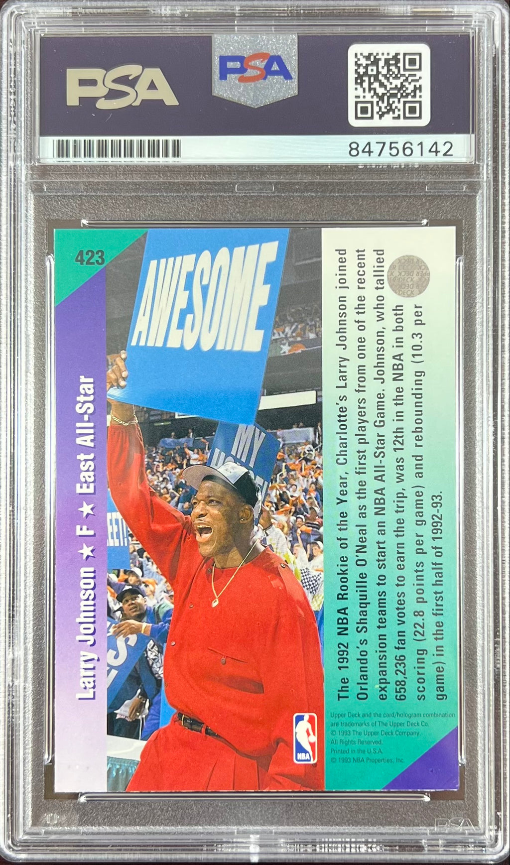 Larry Johnson auto 1993 Upper Deck #423 card Charlotte Hornets PSA Encapsulated