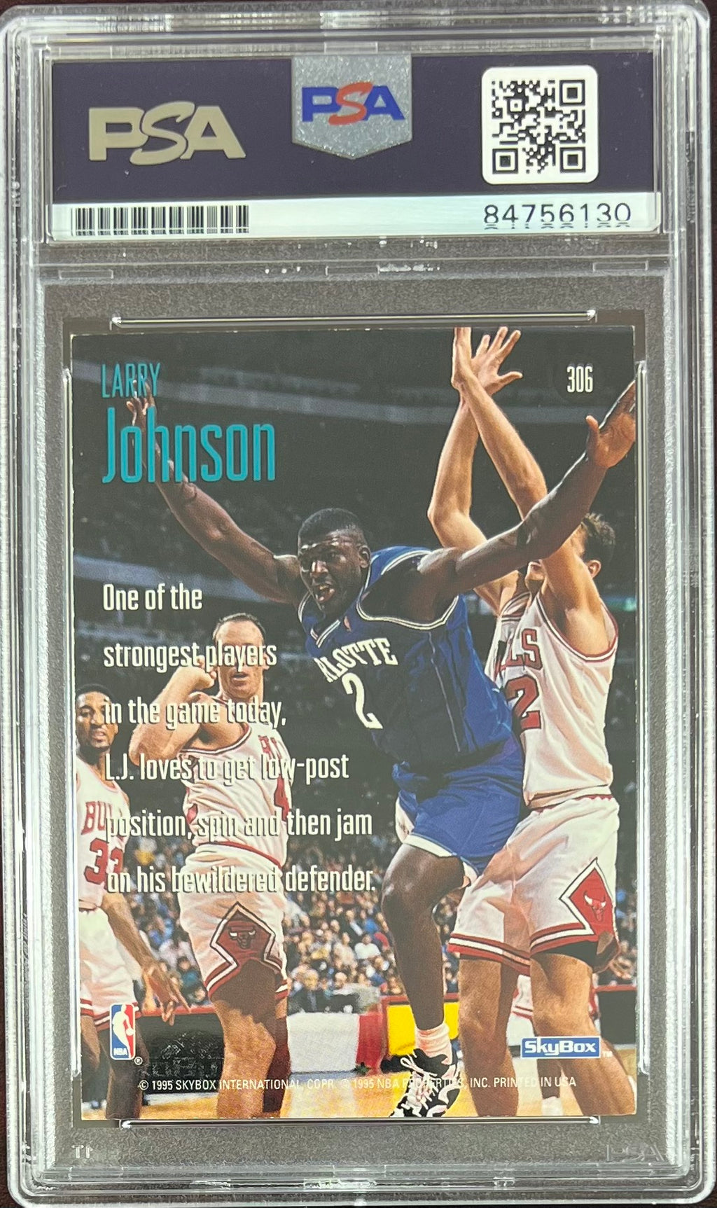 Larry Johnson auto 1995 SkyBox #306 card Charlotte Hornets PSA Encapsulated