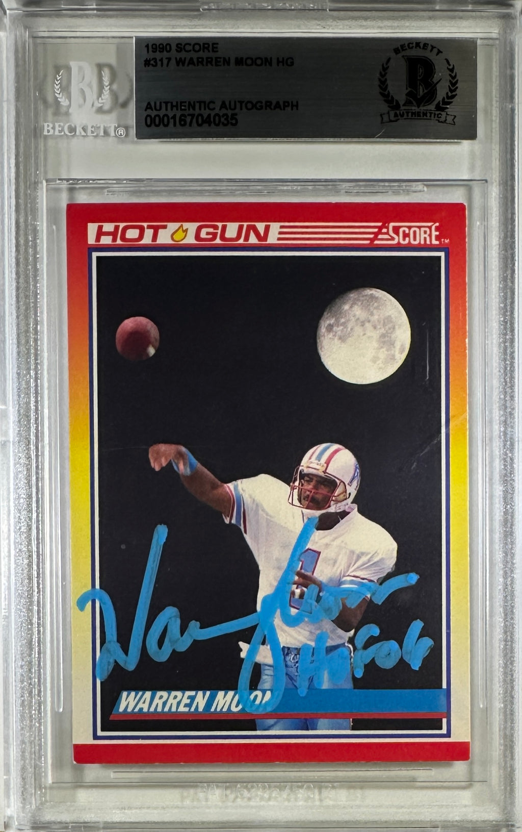 Warren Moon auto card 1990 Score Hot Gun #317 NFL Houston Oilers BAS Encap /12