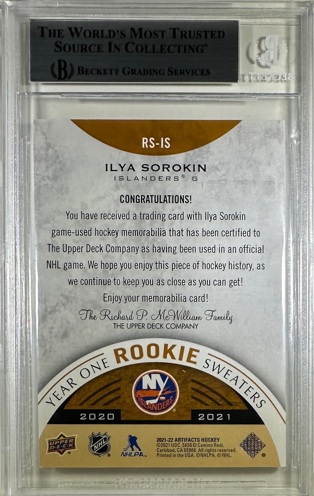 Ilya Sorokin 2021 Upper Deck encap RC New York Islanders BAS Game Used jersey