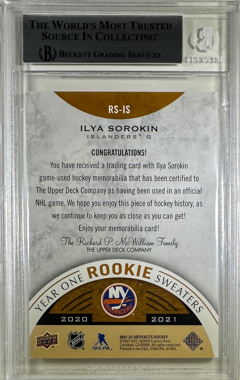 Ilya Sorokin 2021 Upper Deck encap RC New York Islanders BAS Game Used jersey