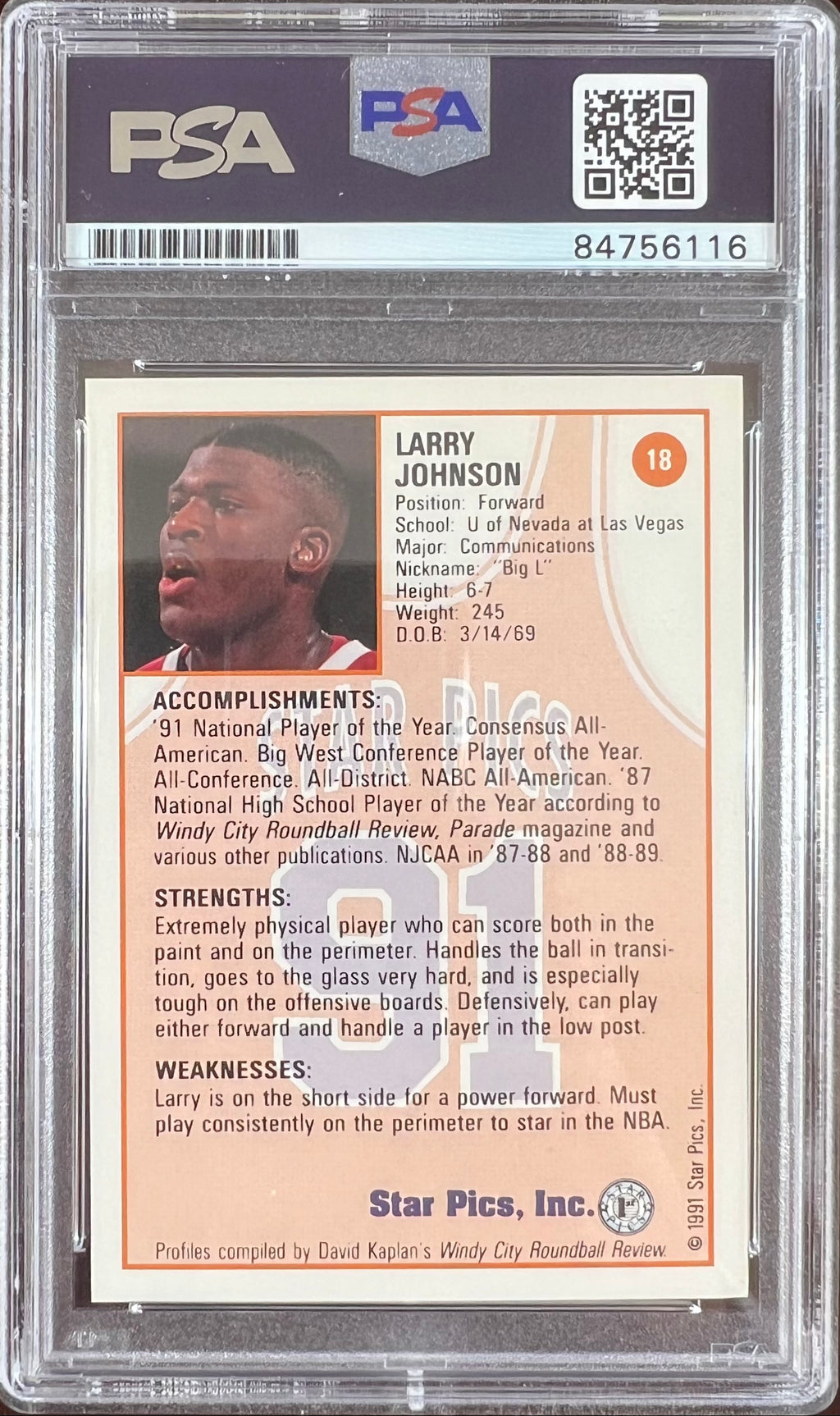 Larry Johnson auto 1991 Star Pics RC #18 UNLV PSA Encapsulated Charolett Hornets