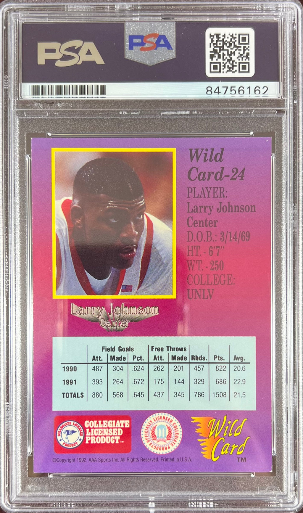 Larry Johnson auto 1991 Wild Card RC #24 UNLV PSA Encapsulated Charolett Hornets