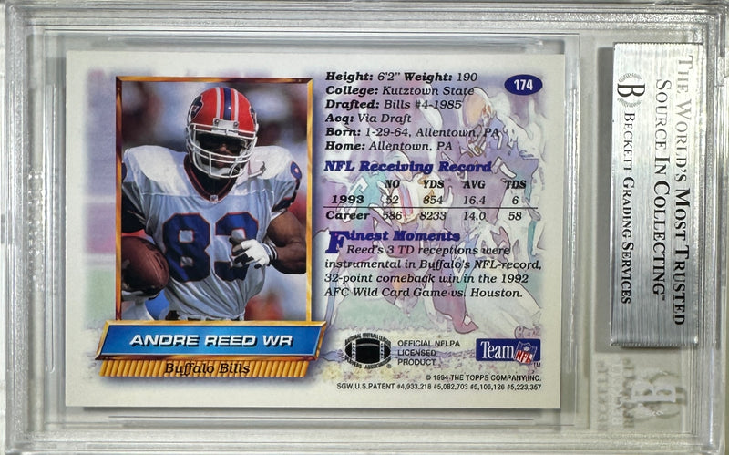 Andre Reed auto inscribed Topps 1994 #174 Buffalo Bills BAS Encap card