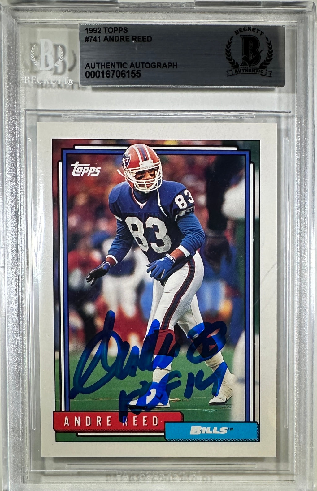 Andre Reed auto inscribed Topps 1992 #741 Buffalo Bills BAS Encap