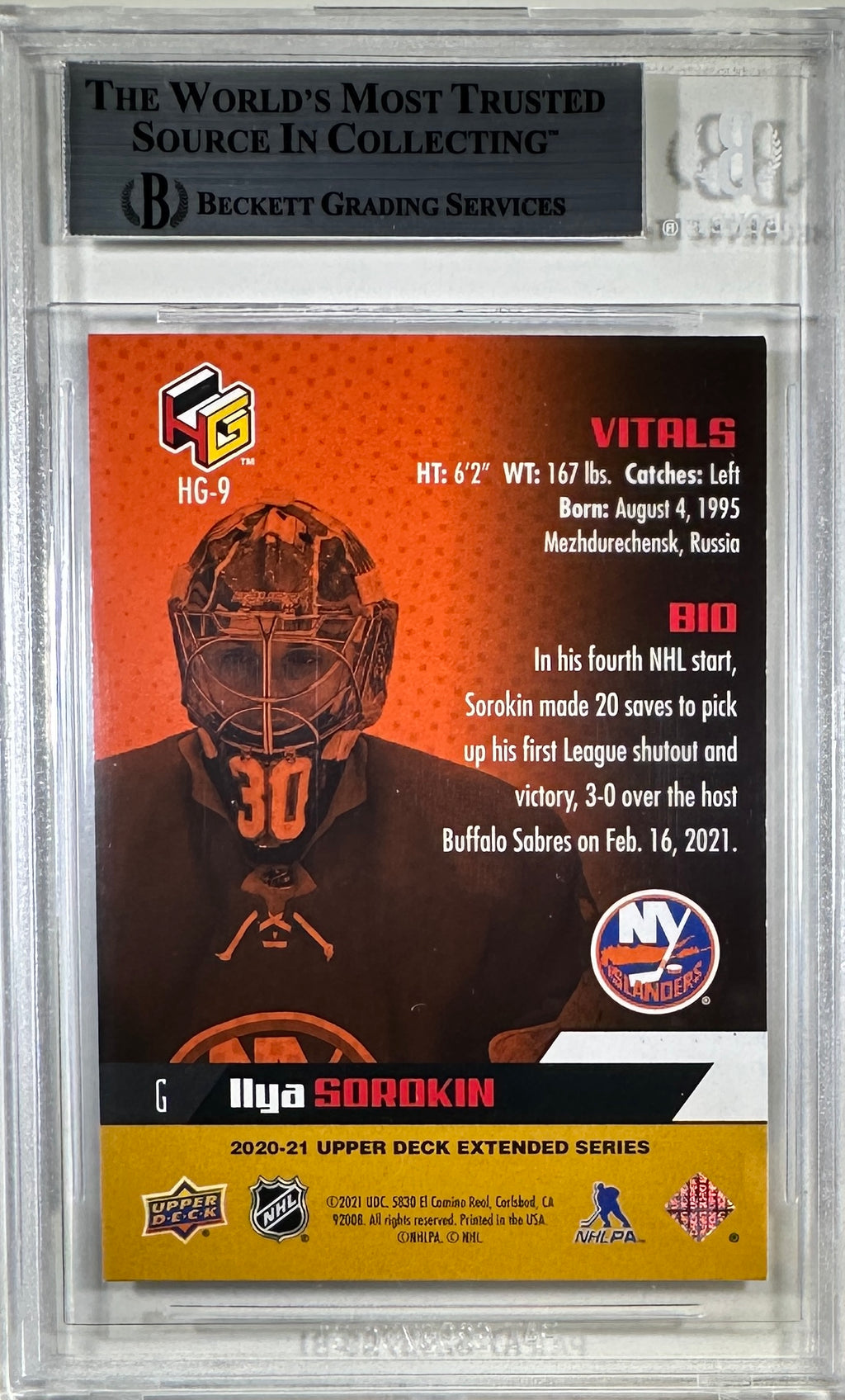 Ilya Sorokin 2021 Upper Deck encap RC New York Islanders BAS