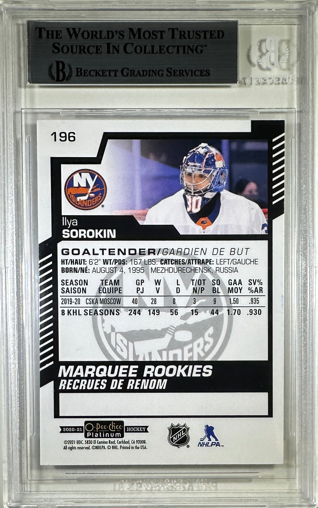 Ilya Sorokin 2021 O-Pee-Chee #196 encap RC New York Islanders BAS