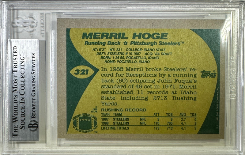 Merril Hoge auto card Topps 1989 #321 Pittsburgh Steelers BAS Encapsulated