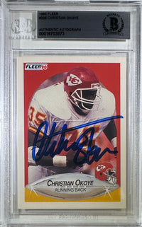 Christian Okoye auto Fleer 1990 #206 Kansas City Chiefs BAS Encap card