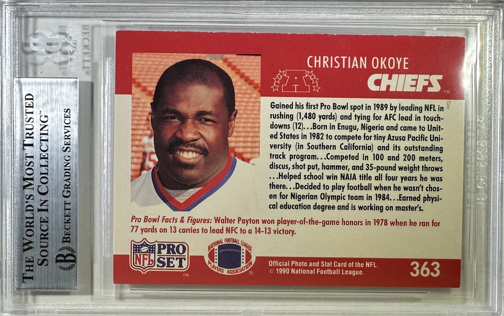 Christian Okoye auto NFL Pro Set 1990 #363 Kansas City Chiefs BAS Encap card