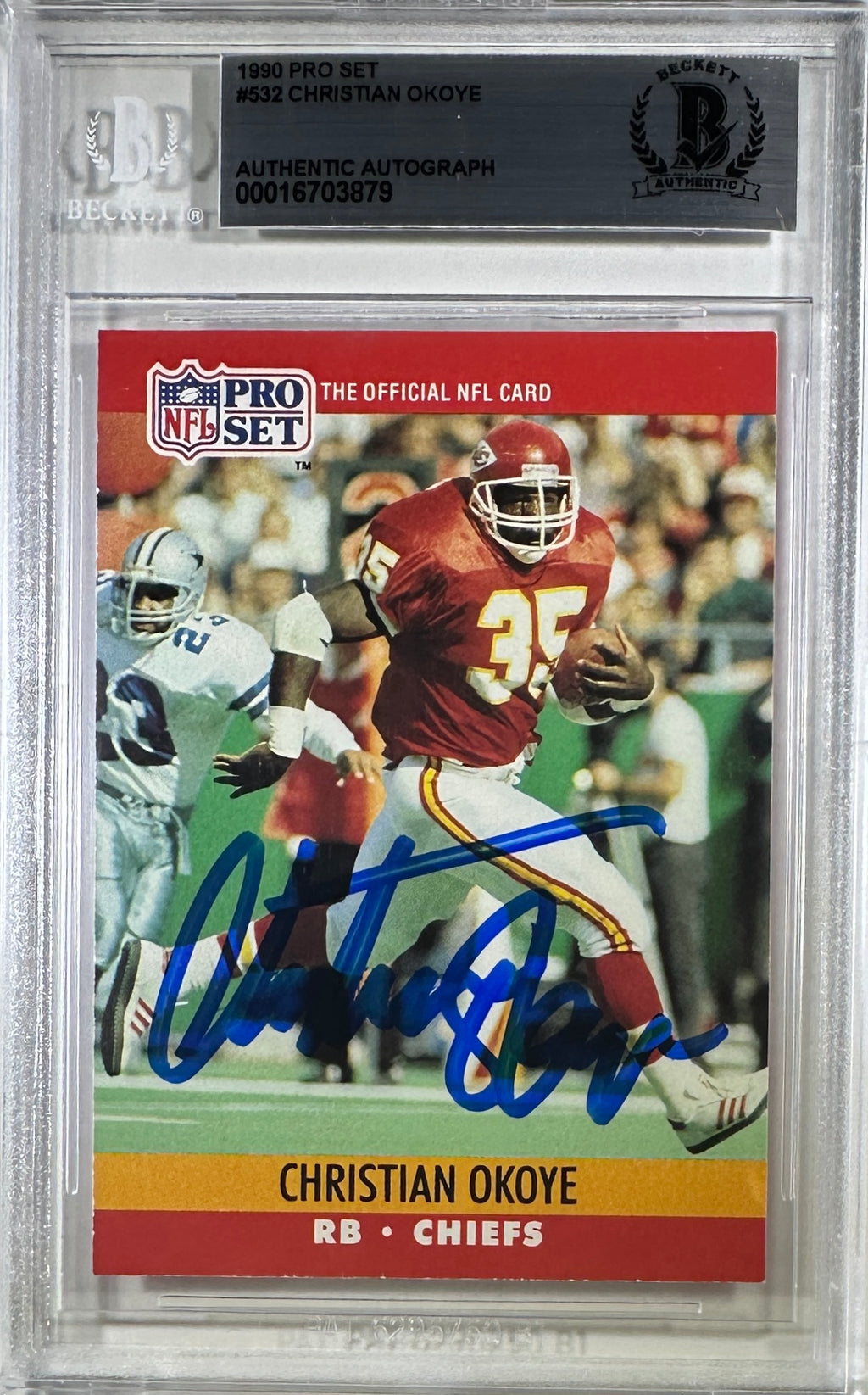 Christian Okoye auto NFL Pro Set 1990 #532 Kansas City Chiefs BAS Encap card