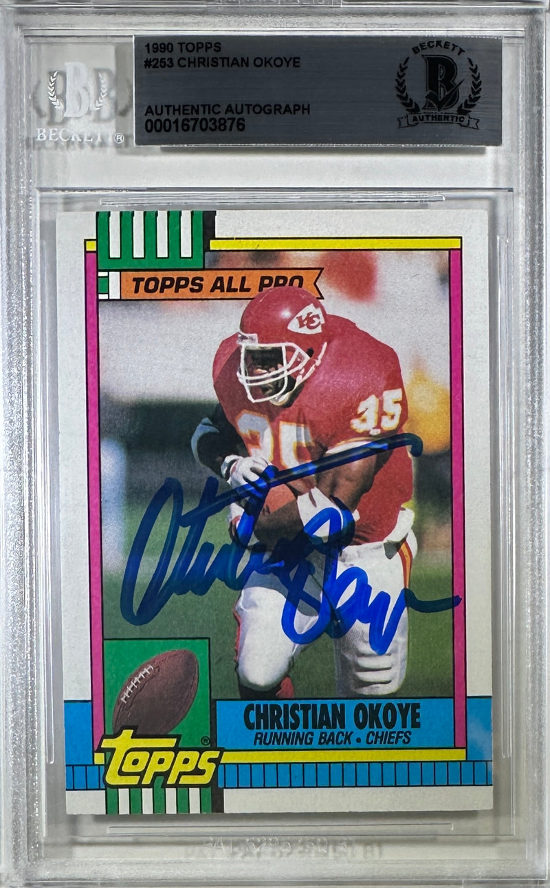 Christian Okoye auto Topps 1990 #253 Kansas City Chiefs BAS Encap card