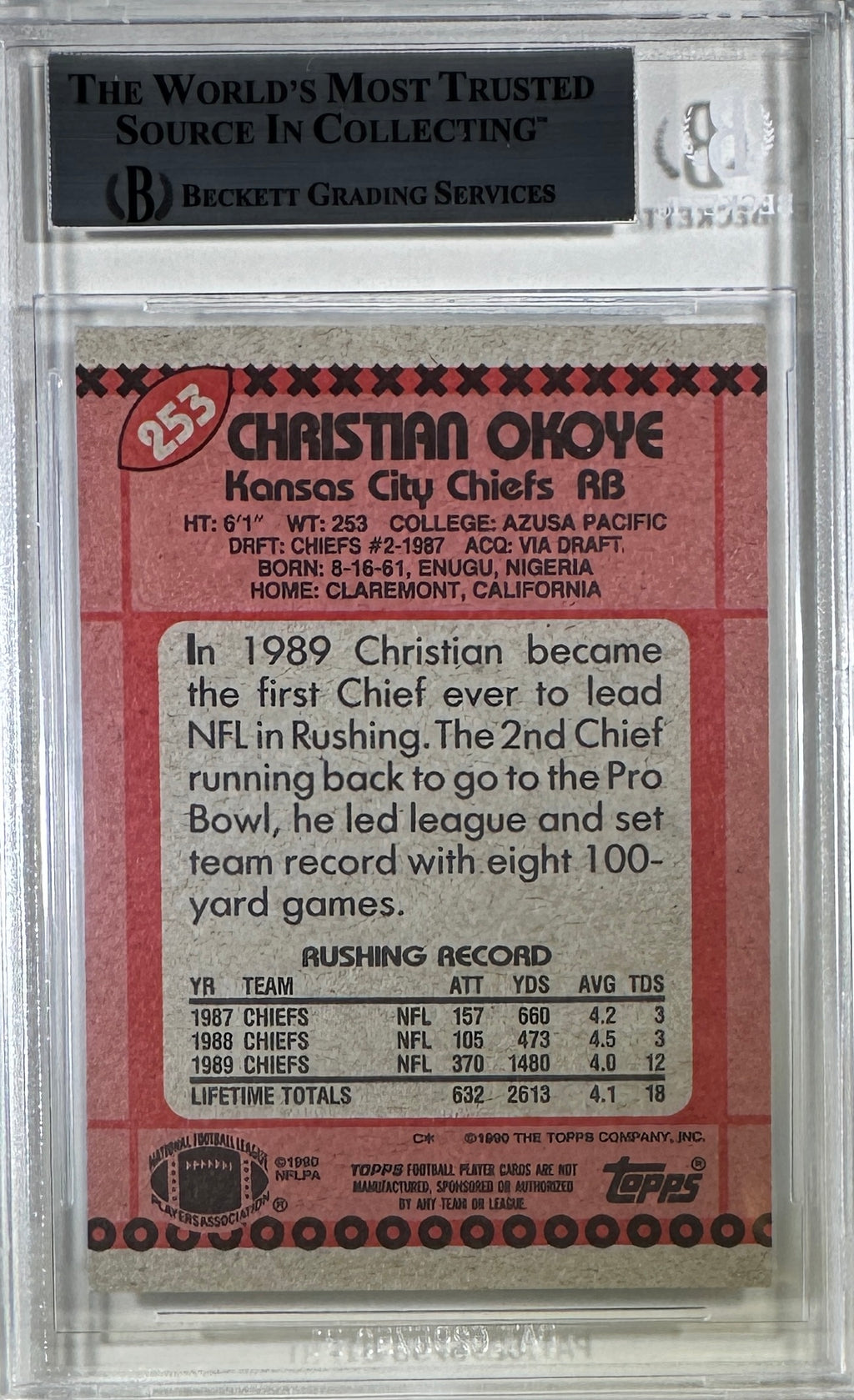 Christian Okoye auto Topps 1990 #253 Kansas City Chiefs BAS Encap card