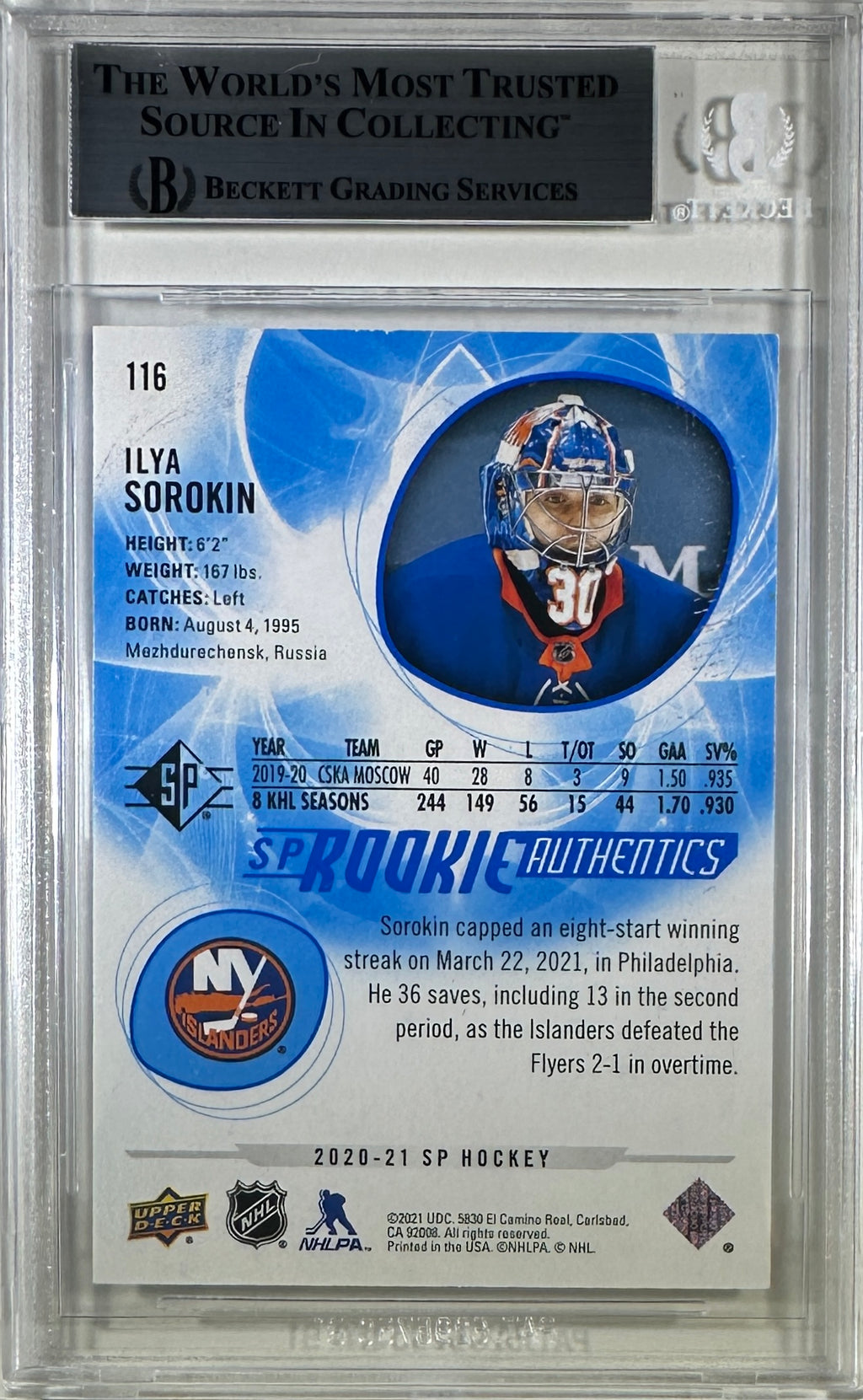 Ilya Sorokin 2021 Upper Deck #116 encap RC New York Islanders BAS