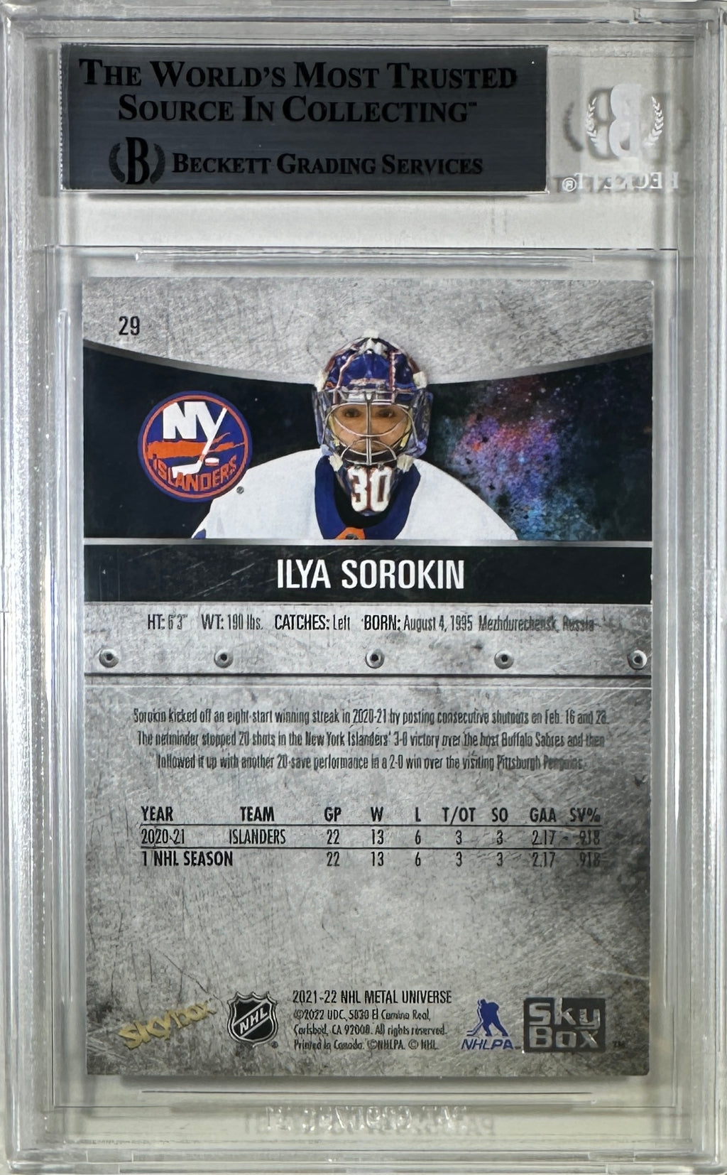 Ilya Sorokin 2021 Upper Deck encap #29 RC New York Islanders BAS