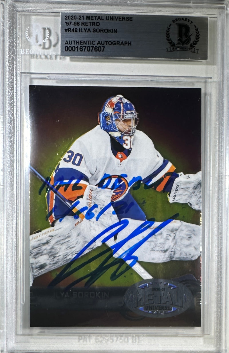 Ilya Sorokin 2021 Skybox inscribed encap RC New York Islanders BAS