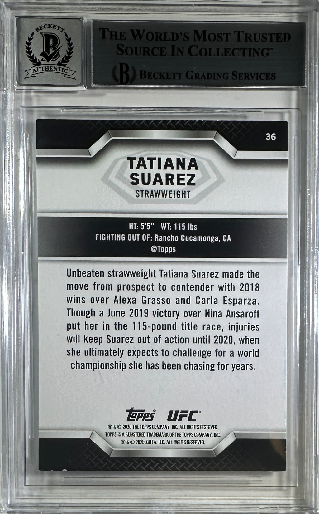 Tatiana Suarez auto card 2020 Topps knockout #36 UFC BAS Encapsulated auto 10